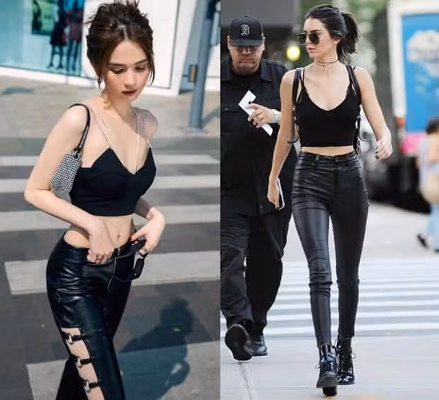 Mặc áo hai dây đen mix cùng quần da thì kiểu quần da của Ngọc Trinh mặc trông xấu hơn của Kendall nhiều.