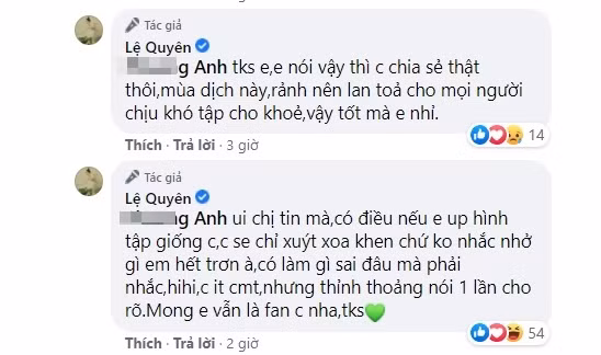 Trước ý kiến của P.A, ca sĩ Lệ Quyên vặn ngược: "Nếu em up hình tập giống chị, chị sẽ chỉ xuýt xoa khen chứ không nhắc nhở gì em hết trơn, có làm gì sai đâu mà phải nhắc".