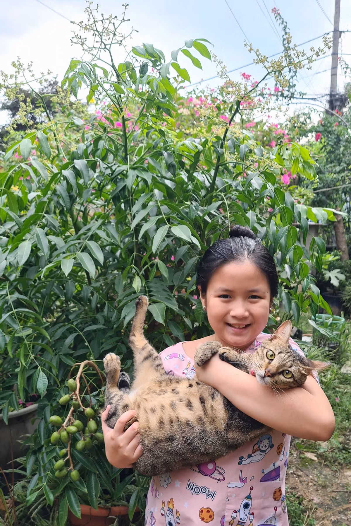 Bé Ngân Chi bế mèo ra vườn hái cóc làm nước ép.