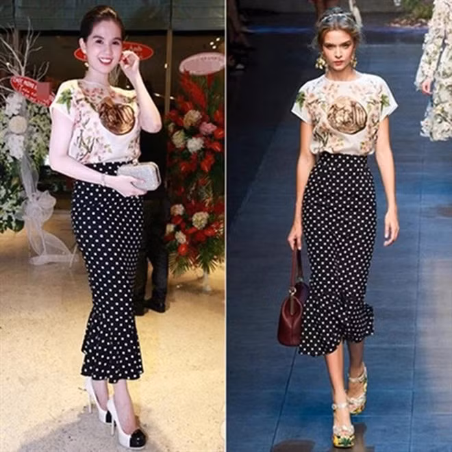 Ngọc Trinh khiến các tín đồ thời trang nghi ngờ khi diện "cả cây" Dolce&amp;Gabbana nhưng phần chân váy lại dài và kém ôm dáng hơn hẳn bản gốc.