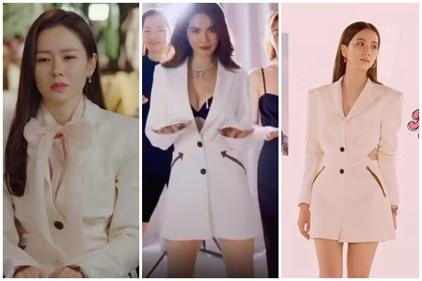 Chưa dừng lại ở đó, cư dân mạng còn đào lại loạt ảnh Ngọc Trinh mặc váy nhái. Mới đây nhất, là màn diện áo suit giá váy bị nghi vấn nhái theo Jisoo, ác nữ Penthouse, Son Ye Jin...