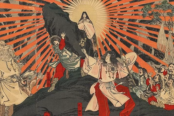  9. Vũ điệu cứu thế. Để dụ Amaterasu ra khỏi hang, các vị thần đã tổ chức một buổi lễ với vũ điệu thiêng liêng do nữ thần Ame-no-Uzume biểu diễn. Điều này đã khôi phục ánh sáng cho thế giới. Ảnh: Pinterest.