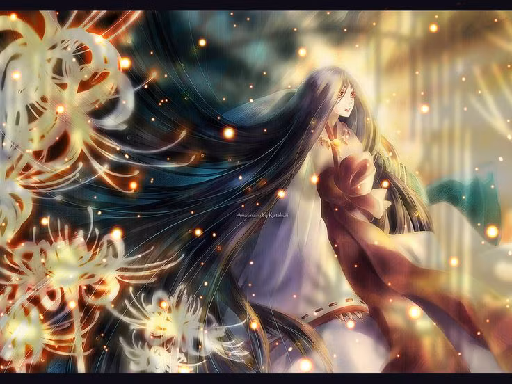  3. Con gái của Izanagi. Amaterasu được sinh ra từ con mắt trái của thần sáng tạo Izanagi khi ông thực hiện nghi lễ thanh tẩy sau khi rời khỏi thế giới âm phủ. Ảnh: Pinterest.