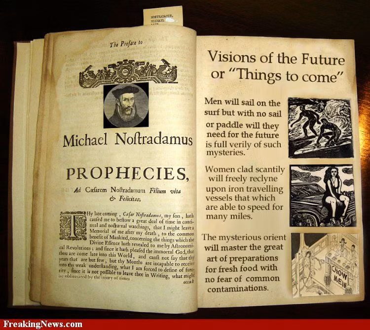  1. Những lời tiên tri (Les Prophéties). Tác giả: Nostradamus (Michel de Nostredame) Nội dung: Gồm 942 bài thơ tiên tri (quatrains) đề cập đến các sự kiện tương lai từ thế kỷ 16 đến tận thế. Các sự kiện như cách mạng Pháp, sự trỗi dậy của Hitler thường được cho là đã được tiên đoán trong cuốn sách này. Ảnh: Pinterest.
