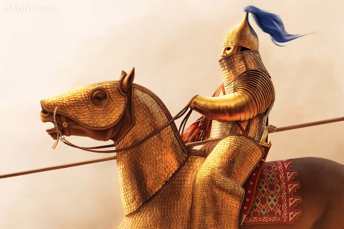  4. Kỵ binh "bọc thép" Ba Tư. Đế chế Ba Tư Achaemenid (550–330 TCN) đi tiên phong trong việc phát triển kỵ binh hạng nặng với các chiến binh và ngựa đều được bọc giáp, được gọi là cataphract. Ảnh: Pinterest.