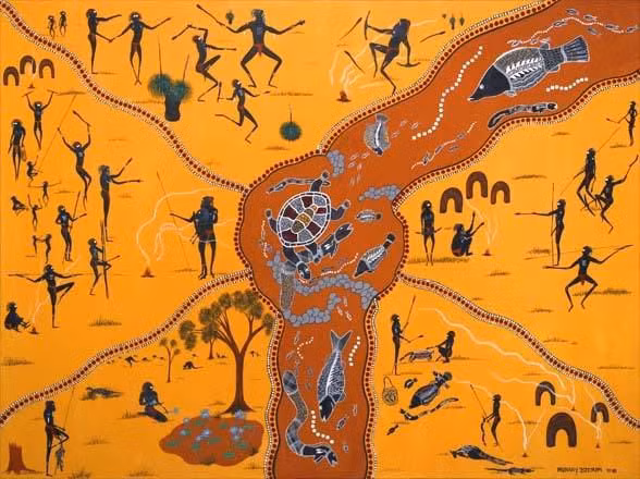  5. Câu chuyện đường hát. Các đường hát (Songlines) là những lộ trình mà tổ tiên đã đi qua trong Thời gian Mơ. Chúng chứa đựng thông tin về địa hình, phương hướng, và văn hóa. Ảnh: Pinterest.