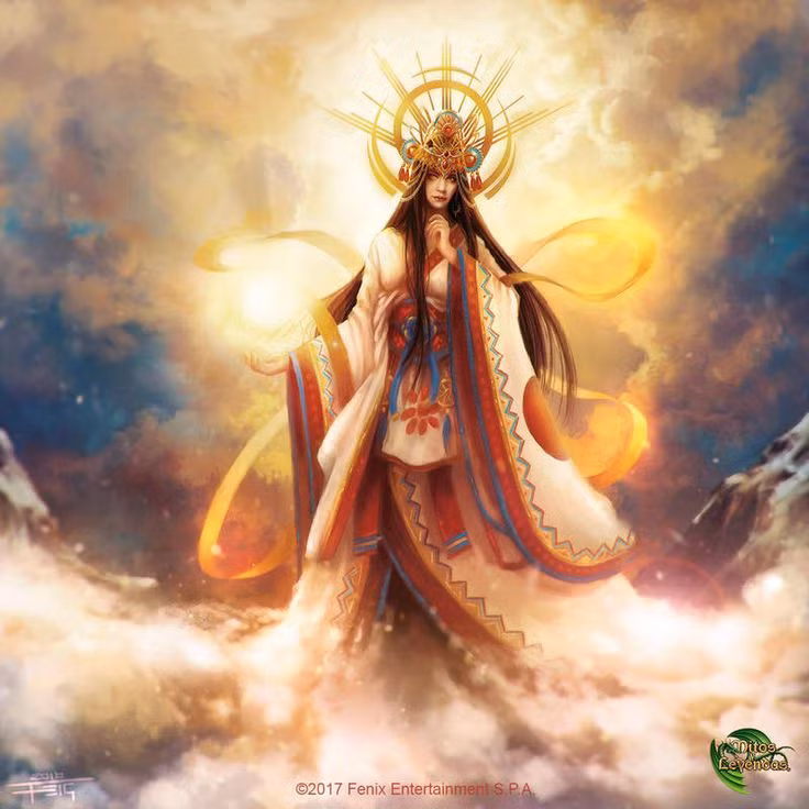  8. Thần Amaterasu – Nữ thần Mặt Trời. Amaterasu, nữ thần Mặt Trời, là một trong những kami quan trọng nhất trong Thần đạo. Gia đình Hoàng gia Nhật Bản tuyên bố là hậu duệ trực tiếp của bà. Ảnh: Pinterest.