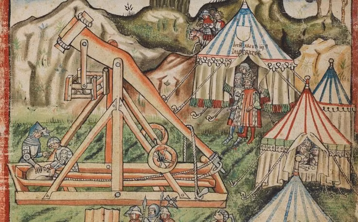  11. Máy ném đá trọng lực (trebuchet). Trebuchet là loại máy ném đá hiệu quả, sử dụng đối trọng để tạo lực phóng mạnh mẽ. Đây là một bước tiến vượt bậc so với các máy ném đá dùng dây kéo. Ảnh: Pinterest.