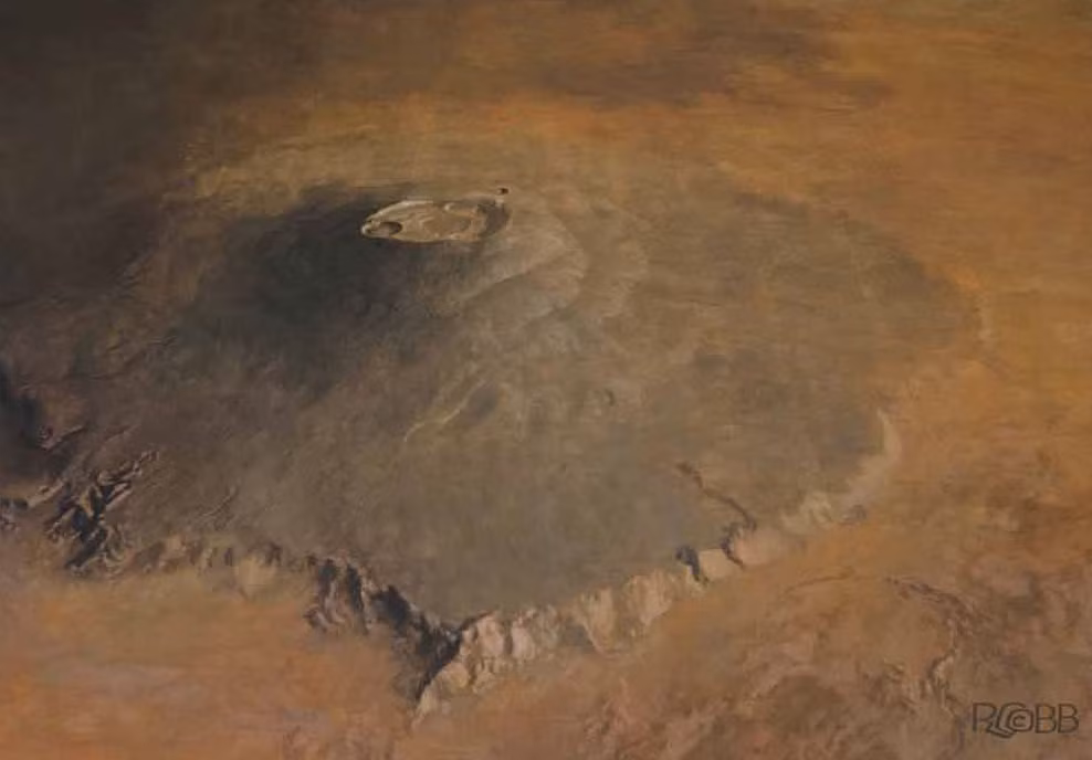  Thách thức leo núi: Giả sử Olympus Mons nằm ở Trái Đất, bạn sẽ cần di chuyển một khoảng cách rất dài trên các sườn thoải để đến được đỉnh núi. Áp suất thấp, sự băng giá và thiếu oxy sẽ làm cho việc này trở nên gần như không thể. Ảnh: Pinterest.