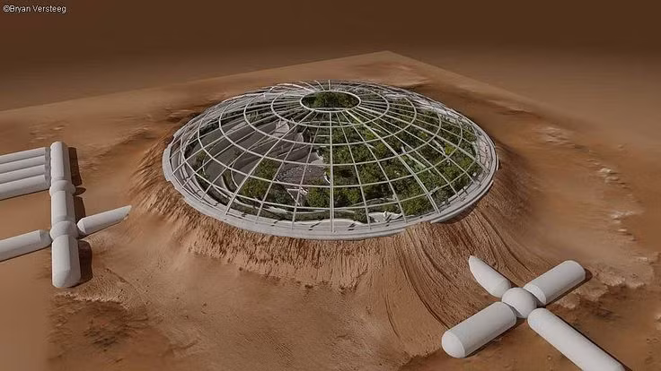  7. Khí hậu khắc nghiệt của Sao Hỏa. Nhiệt độ trung bình trên Sao Hỏa là khoảng -60°C, khí quyển chứa chủ yếu là CO2, và áp suất không khí rất thấp. Musk đã đề xuất sử dụng các mái vòm kính và các công nghệ sưởi ấm để tạo môi trường sống. Ảnh: Pinterest.
