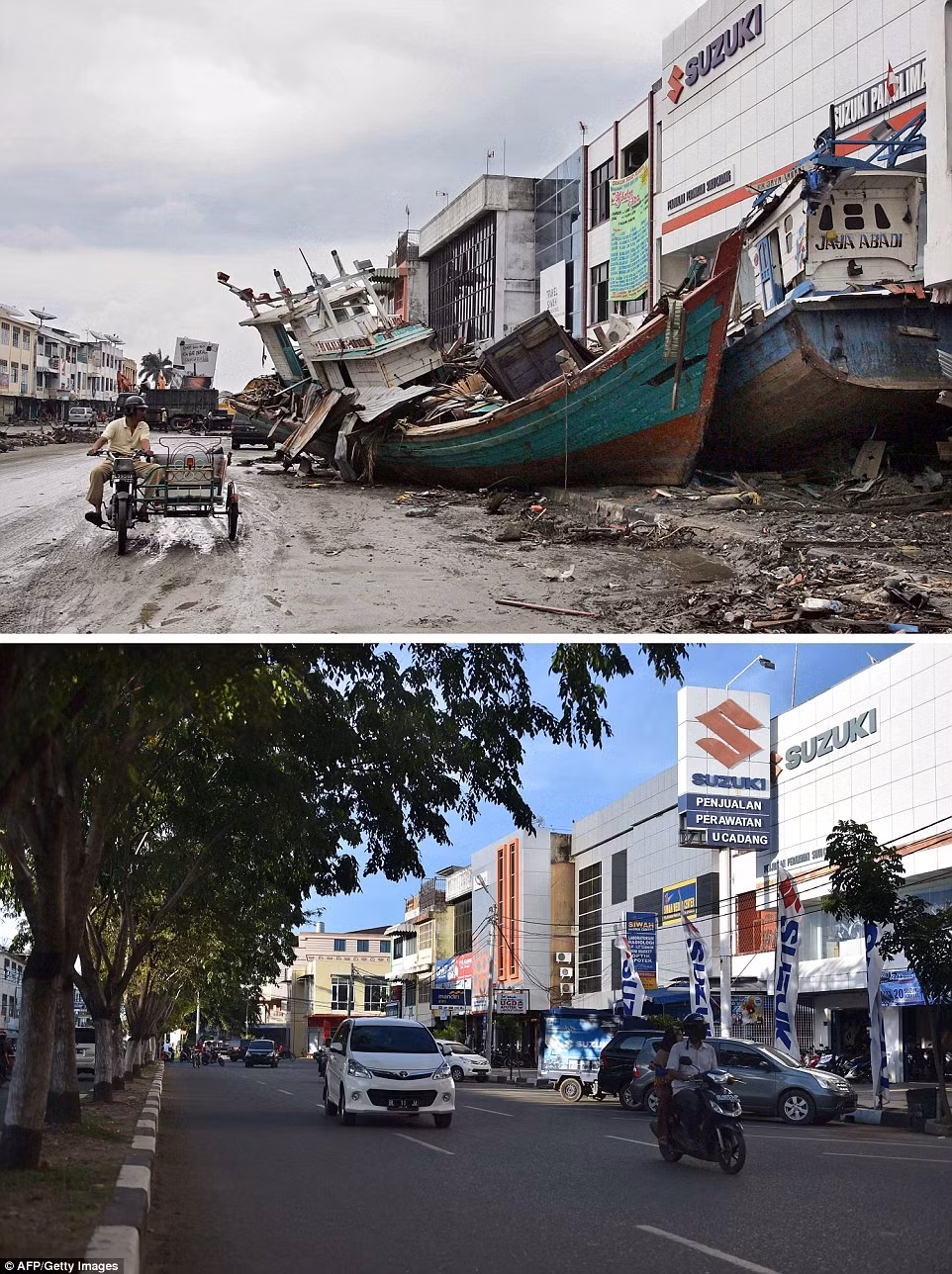 Hai tàu cá bị trận sóng thần cuốn dạt vào cạnh tòa nhà trung tâm thương mại ở khu vực miền Trung Banda Aceh ngày 8/1/2005 (ảnh trên). Sau vài tháng, khu vực này đã trở lại diện mạo bình thường, cuộc sống của con người trở lại như xưa.