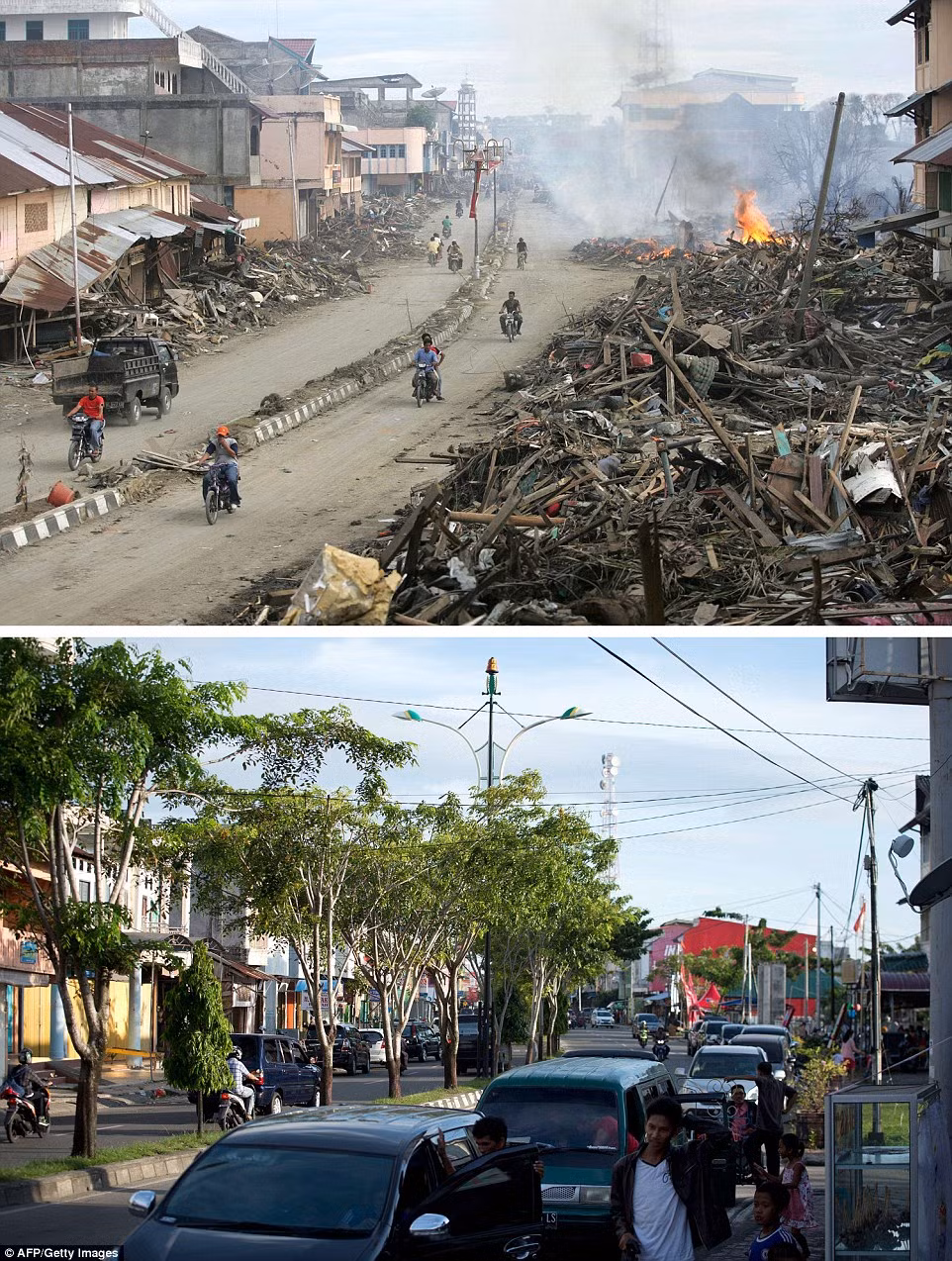 Đường phố tràn ngập những mảnh vỡ của các công trình ở Meulaboh, Aceh bị sóng thần phá hủy (ảnh trên) và hình ảnh khu vực này hiện nay đã mang hơi thở của cuộc sống bình yên.