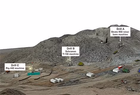 Vị trí các mũi khoan đường hầm trong công tác giải cứu 33 công nhân Chile.