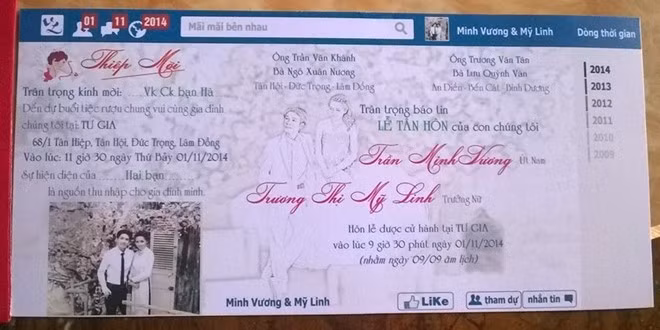 Thiệp cưới giao diện Facebook. Ngày 20/10, trang cá nhân của tài khoản có tên Chianti Vương đăng tải ảnh chụp một thiệp mời đám cưới bằng giao diện Facebook, nhận được nhiều lượt like (thích) và lan truyền khắp các trang mạng. Dòng tìm kiếm ghi dòng chữ "mãi mãi bên nhau". Trang Facebook với tên Minh Vương & Mỹ Linh. Phần kết bạn, tin nhắn, thông báo được ghi theo đúng ngày cặp đôi tổ chức đám cưới. Bên góc trái thiệp cưới ghi dòng chữ hài hước: "Sự hiện diện của bạn là nguồn thu nhập cho gia đình mình". Ảnh: NVCC.