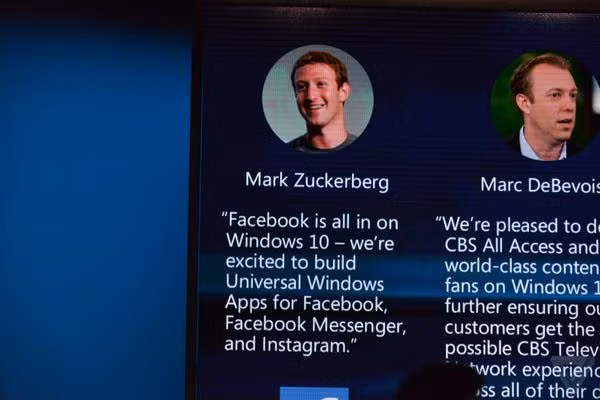  Facebook sẽ có ứng dụng thống nhất trên Windows 10. Chiến lược ứng dụng thống nhất của Microsoft chỉ hoạt động nếu có các ứng dụng thống nhất và Facebook đang giúp cho chiến lược này tiến lên phía trước. Facebook tuyên bố hãng đang phát triển các phiên bản Facebook, Messenger và Instagram cho Windows 10 và CEO Mark Zuckerberg được dẫn lời cho biết Facebook đang tập trung cho nền tảng Windows 10. Sự xuất hiện của các ứng dụng từ Facebook trên smartphone sẽ là bước tiến lớn với nền tảng di động của Microsoft.