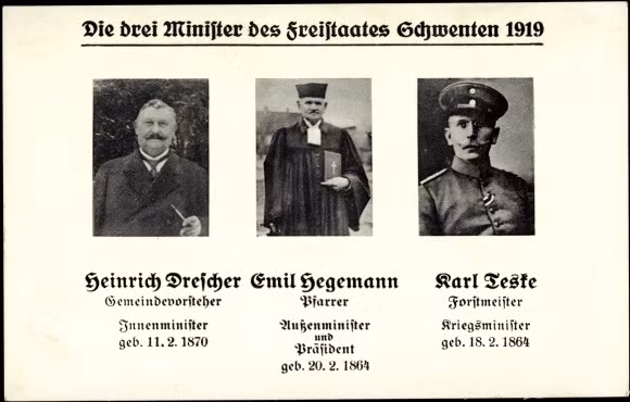 Ngày 6/1/1919, mục sư Emil Hegemann của làng Schwenton, một ngôi làng nhỏ nằm trong lãnh thổ Ba Lan, sát biên giới Đức với dân số phần lớn là người Đức đã tuyên bố thành lập nhà nước độc lập Freistaat Schwenten. Thể chế này đã tồn tại 218 ngày trước khi được sáp nhập vào nước Đức.