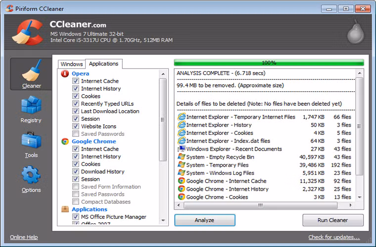 Tiện ích dọn dẹp hệ thống: CCleaner. Nếu máy tính không được dọn dẹpthường xuyên thì sớm hay muộn, hệ điều hành sẽ chất đầy các loại “rác” máy tính như cookies của trình duyệt, file tạm của hệ thống cho đến các khóa registry không còn dùng đến. CCleaner là cái tên được tin tưởng nhất trong việc dọn dẹp hệ thống với giao diện đơn giản, hiệu quả và miễn phí. Chỉ cần chạy CCleaner mỗi tuần 1 lần là đủ để cải thiện tốc độ máy tính của bạn.