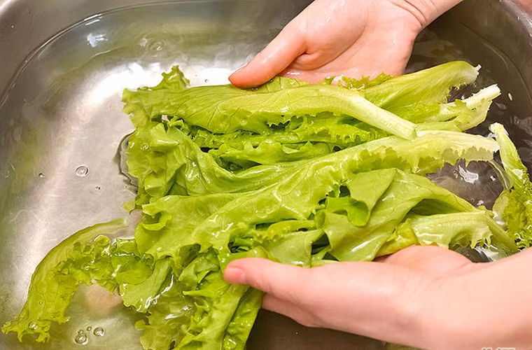 Tiếp đó, dùng tay vớt xà lách một cách nhẹ nhàng. Lắc nhẹ để rau ráo nước hoặc cho vào rổ nhựa, vẩy một vài lần.