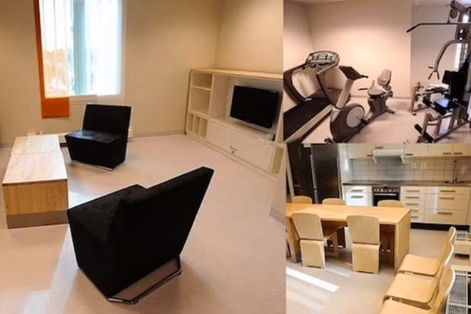 Nhà tù Sollentuna, Thụy Điển. Tại đây, tù nhân được tập luyện trong một phòng tập đầy đủ các dụng cụ. Họ cũng có thể tự nấu ăn và nằm xem TV thoải mái trên chiếc ghế yêu thích của mình. Mọi thứ chẳng khác gì đang ở nhà, ngoại trừ việc không thể ra ngoài. Gần đây, Thụy Điển đóng cửa được nhiều nhà tù vì số tù nhân giảm. Đất nước này đã chọn dành phần lớn thời gian, tiền bạc và năng lực vào các biện pháp giảm số tội phạm.
