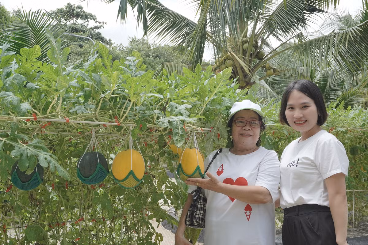 Cô Nhung (đội nón, ngụ TPHCM) chia sẻ: "Tôi thích thú không gian nông trại này. Ở đây không gian xanh mát, thích hợp với người có tuổi như tôi đến tham quan, tận hưởng niềm vui bình dị cuộc sống".