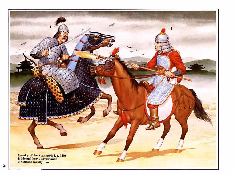 Kỵ binh nhà Nguyên năm 1260: 1 - Kỵ binh hạng nặng người Mông Cổ. 2 - Kỵ binh người Hán.