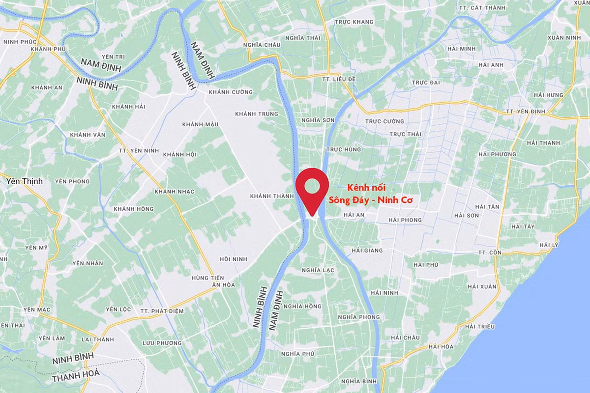 Vị trí kênh nối sông Đáy - Ninh Cơ nằm tại huyện Nghĩa Hưng (tỉnh Nam Định). Ảnh: Google Maps.
