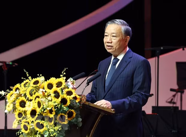 Đại tướng Tô Lâm, Ủy viên Bộ Chính trị, Bộ trưởng Bộ Công an phát biểu. (Ảnh: Phạm Kiên/TTXVN)