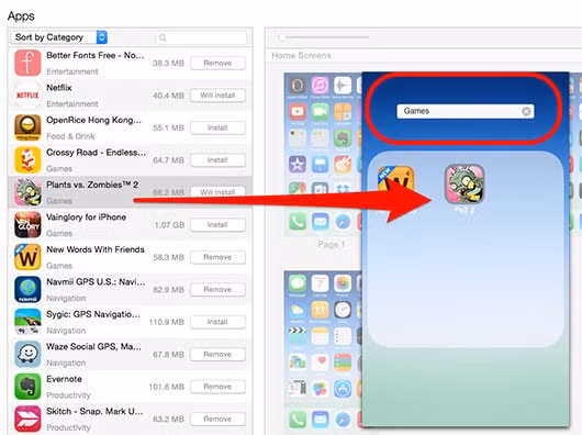 Sắp xếp ứng dụng trên iPhone: Kéo và thả các ứng dụng vào màn hình chính bạn muốn. Người dùng có thể nhấp chuột hai lần vào màn hình để làm nó lớn hơn. Từ hai ứng dụng trở lên có thể cho vào một thư mục để dễ dàng trong việc tìm kiếm và sử dụng.
