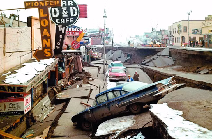 Cảnh tượng kinh hoàng ở Anchorage, Alaska sau khi bị động đất tàn phá ngày 27/3/1964.