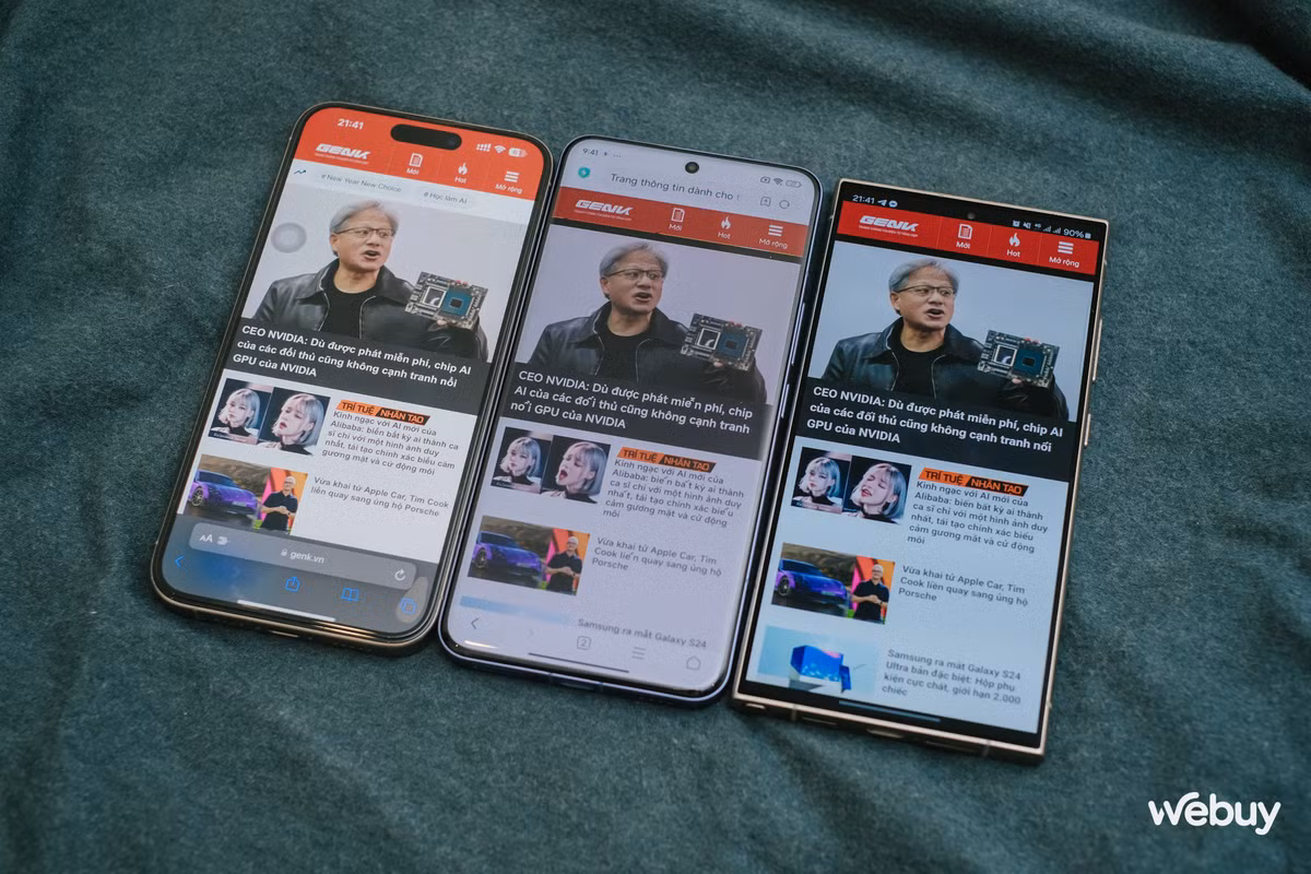 iPhone 15 Pro Max sử dụng thiết kế Dynamic Island với phần khoét màn hình "viên thuốc", nơi chứa camera selfie và cụm camera TrueDepth. Xiaomi 14 Ultra và Galaxy S24 Ultra đều sử dụng thiết kế "nốt ruồi" với camera selfie nhỏ đặt ở chính giữa cạnh viền trên. Cả 3 đều có thiết kế viền mỏng và mỏng đều ở các cạnh. Xiaomi 14 Ultra và Galaxy S24 Ultra tích hợp thêm cảm biến vân tay phía dưới, còn iPhone sử dụng Face ID