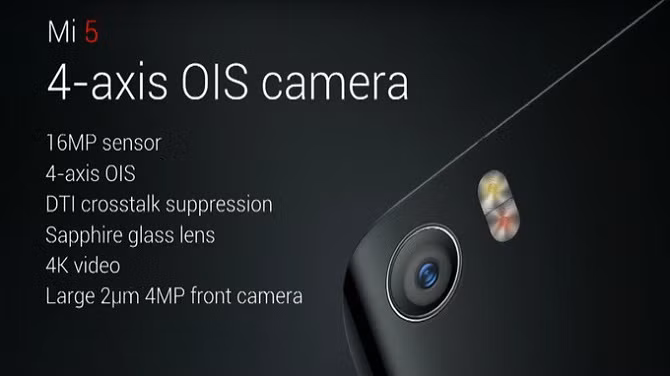 Ngoài cấu hình mạnh mẽ, điện thoại Xiaomi Mi 5 còn được trang bị camera 16MP, bộ cảm biến Sony IMX298, hỗ trợ công nghệ ổn định quang học (OIS) 4 trục và công nghệ xử lý hình ảnh Spectra.