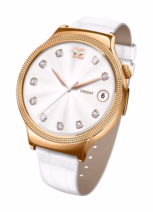  2. Huawei Watch Elegant - Giá 500USD. Không chỉ được đính đá quý, Huawei Watch Elegant còn có thiết kế khá phong cách của một smartwatch dành cho phái đẹp khi đeo trên tay. Với mức giá 500USD, Huawei Watch Elegant có màn hình được bảo vệ bằng kính sapphire chống xước, dây đeo bằng da Ý và vỏ bằng thép mạ vàng.