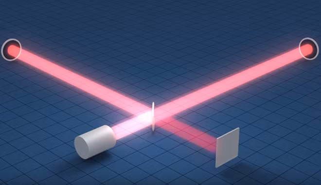 Nhưng nếu độ dài của hai chùm laser không bằng nhau, một phần bức xạ sẽ truyền tới bộ phận tách sóng quang. Thủ phạm khiến một trong hai chùm laser biến đổi chính là sóng hấp dẫn. Ảnh: Caltech
