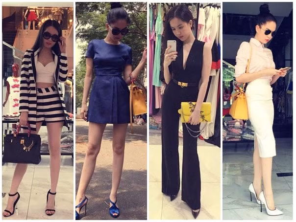 Ngoài gợi cảm, nữ người mẫu nội y còn rất chuộng trang phục thanh lịch, nữ tính. Giày cao gót là một trong những phụ kiện mà Ngọc Trinh không thể rời xa. Dù xuất hiện trước công chúng hay dạo phố, người đẹp đều gắn liền với đôi giày tôn vóc dáng kiêu sa, kiều diễm. Túi xách hàng hiệu cũng là một trong những món thời trang được cô rất mực "cưng chiều".