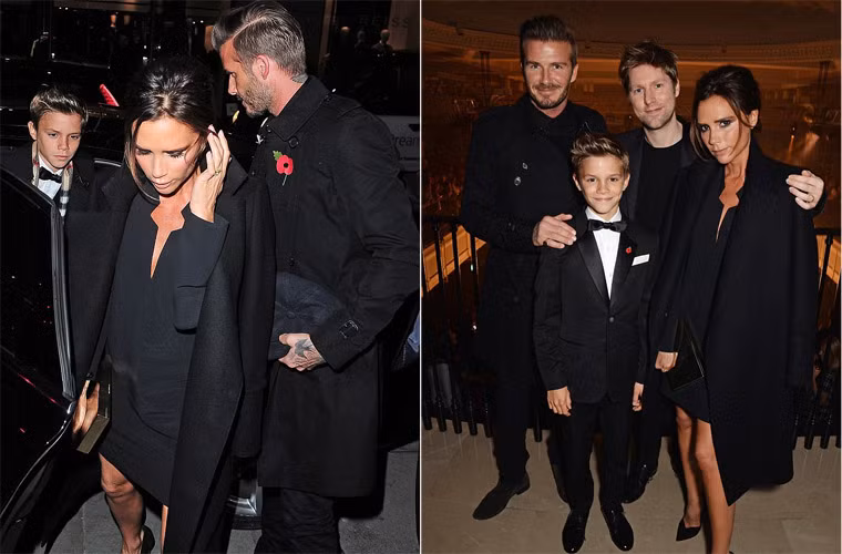 David, Victoria và Romeo cùng Giám đốc sáng tạo Burberry, ông Christopher Bailey trog sự kiện ra mắt chiến dịch quảng cáo Burberry tối 3/10.