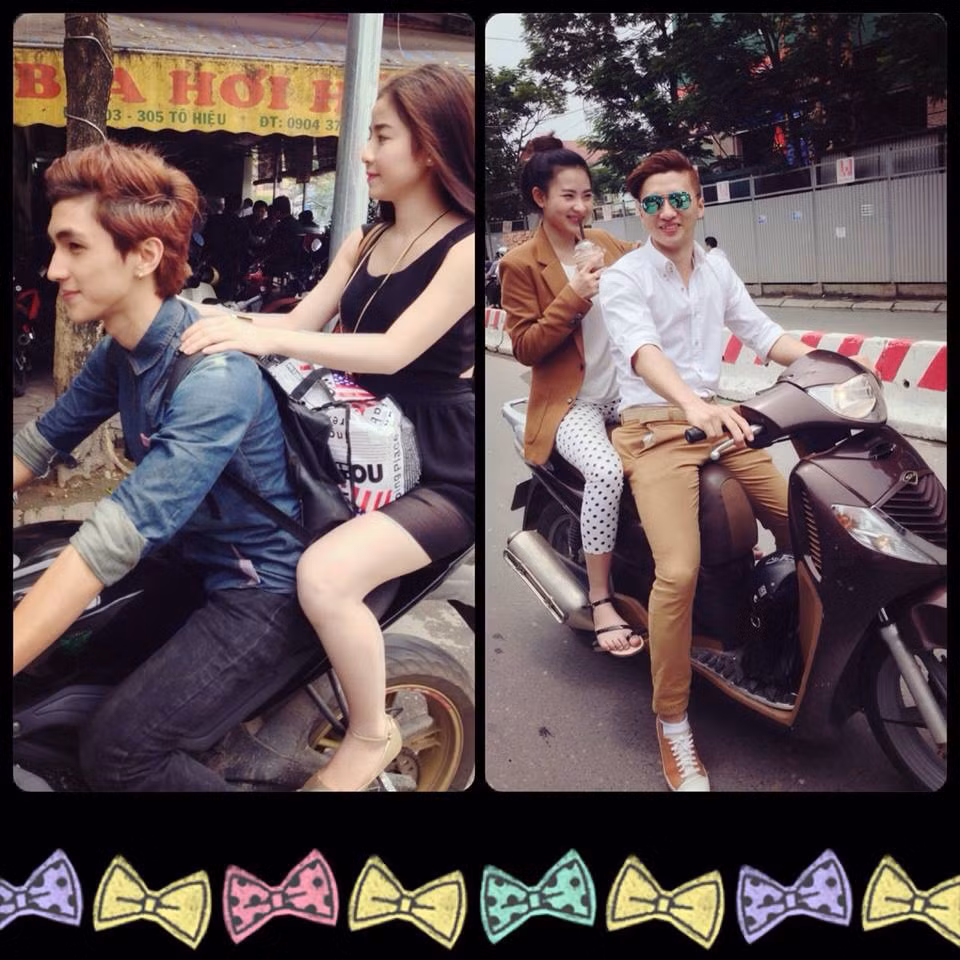 Đi cùng cặp hot boy, hot girl là một đôi bạn rạng ngời khác. Tất cả đều là sinh viên trường Đại học Sân khấu &amp; Điện ảnh Hà Nội. Bức ảnh được chia sẻ với dòng mô tả "Đi học" và dường như những nhân vật chính không mấy quan tâm đến việc họ không đội mũ bảo hiểm mà vẫn điều khiển xe máy.