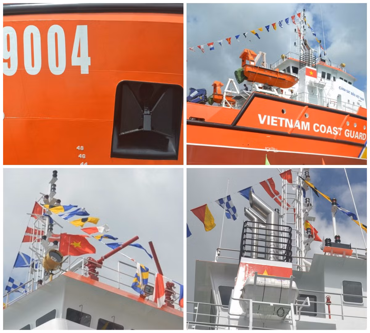 Mỏ neo của tàu được ẩn vào trong thân để tránh va đập khi tác chiến trên biển. Tàu được trang bị hai xuồng cao tốc dùng để cứu nạn, cứu hộ trên biển; hai vòi rồng cùng đèn công suất lớn trên tàu; hệ thống phao cân bằng bên mạn phải của tàu. Ảnh: Zing.
