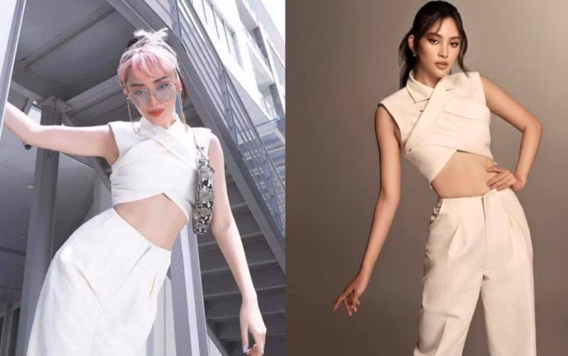 Đây không phải lần đầu Tiểu Vy và Tóc Tiên đụng độ. Trước đó, cả hai cùng ưu ái set đồ trắng khoe vòng eo không chút mỡ thừa. Tóc Tiên có ngoại hình hút mắt không kém Hoa hậu. Cô còn gây chú ý hơn cả nhờ mái tóc tẩy màu hồng rực rỡ.