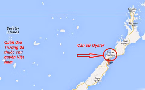 Căn cứ trên vịnh Oyster mà Philippines đang xây dựng cách quần đảo Trường Sa thuộc chủ quyền Việt Nam khoảng 150km.