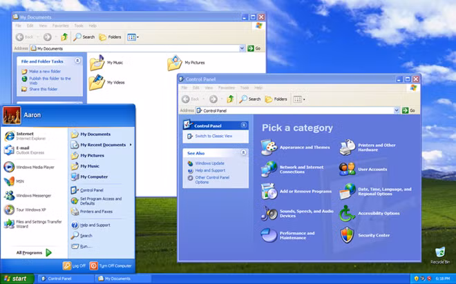 Windows XP là kết quả từ sựnỗ lực của Microsoft trong việckết hợp người dùng cá nhân và đối tượng doanh nghiệp. Tương tự Windows 2000, Windows XP cũng được thiết kế cho hệ thống máy tính dùng cho khách và máy chủ trong các doanh nghiệp. Giao diện người dùng của Windows XP đặc trưng với hai cột trong thanh menu Start, hỗ trợ mở nhiều cửa sổ cùng lúc đồng thời khóa thanh tác vụ khi cần. Nhiều chủ đề cho màn hình cũng có sẵn, bao gồm cả giao diện cổ điển của Windows 95 và Windows 2000.