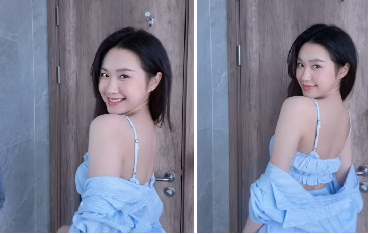Gương mặt thanh tú cùng làn da trắng mịn nổi bật khi mặc đồ màu xanh, đặc biệt là phần xương quai xanh gợi cảm là một điểm nhấn cuốn hút của vợ Văn Hậu.