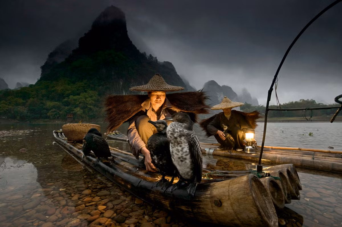 Đây là một cách bắt cá độc nhất vô nhị trên thế giới. Người ngư dân không cần sử dụng những thiết bị câu cá thông thường mà mang theo vài chú chim cốc đã được huấn luyện nhiều năm. Ảnh: Art Wolfe.