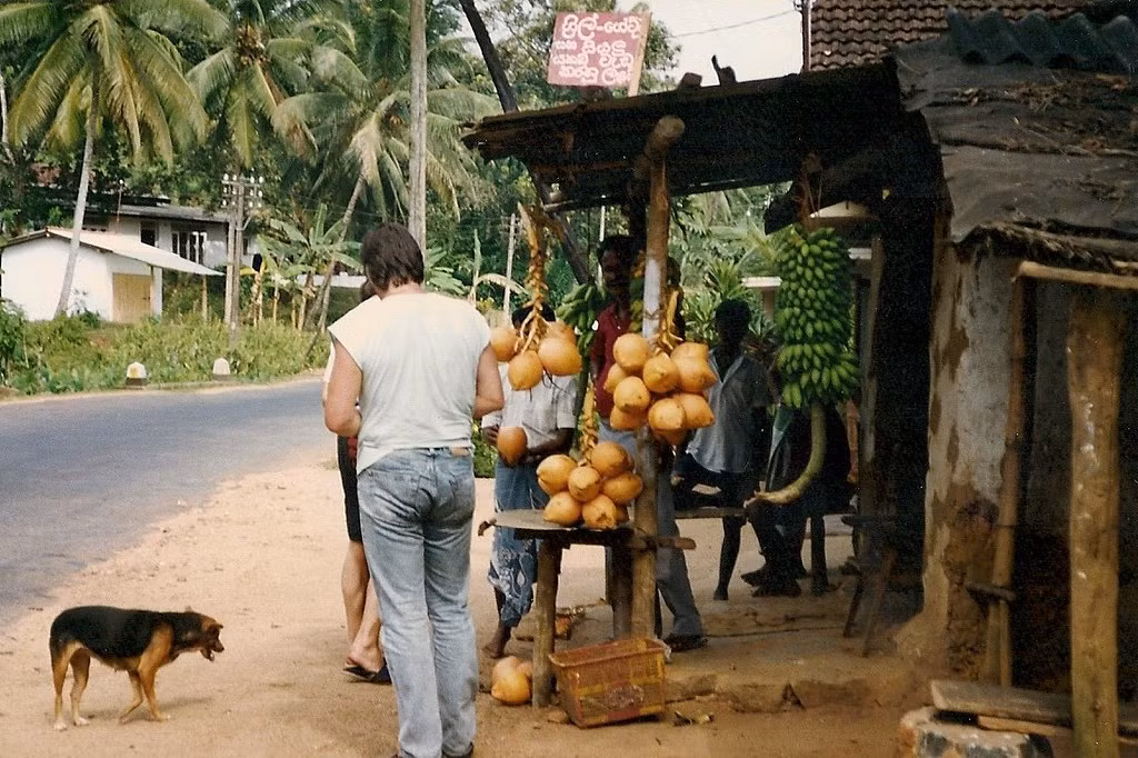 Thưởng thức nước dừa tại quầy bán dừa tươi.