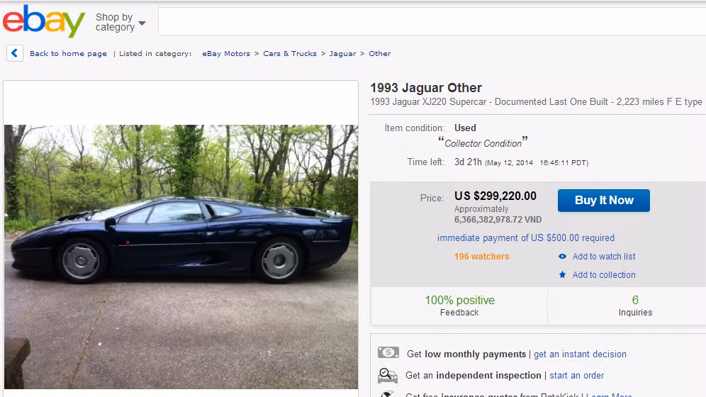 Phiên bản Jaguar XJ220 được bán trên ebay với giá bèo bằng 1/3 so với ban đầu.