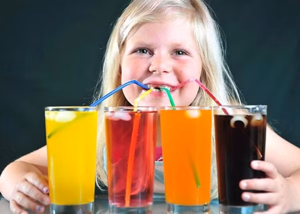 Đồ uống có hương liệu. Mọi người đều biết nước soda và cola không tốt cho sức khỏe, nhưng nhiều đứa trẻ vẫn được phép uống ít nhất một ly mỗi ngày. Soda và cola chứa rất nhiều đường, hương vị, màu sắc nhân tạo và axit ăn mòn men răng. Nước ép trái cây, sữa chua hoa quả đóng hộp cũng chứa rất nhiều chất phụ gia và đường.