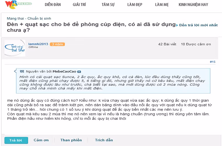 2. Người tiêu dùng ngại gì? Vì là sản phẩm tiện ích cho mỗi nhà, nên mối quan tâm lựa chọn và sử dụng quạt trữ điện được rất nhiều người "mổ xẻ". Trên diễn đàn Webtretho.com, thành viên nickname MebeCaocao cho biết: "quạt Sunca có hiện tượng bị kêu và thời gian sử dụng điện rút ngắn". Hoặc như nickname lamnhi2013 thì lo "ắc quy bị chai do sạc không đúng cách hoặc mua phải hàng không chuẩn".