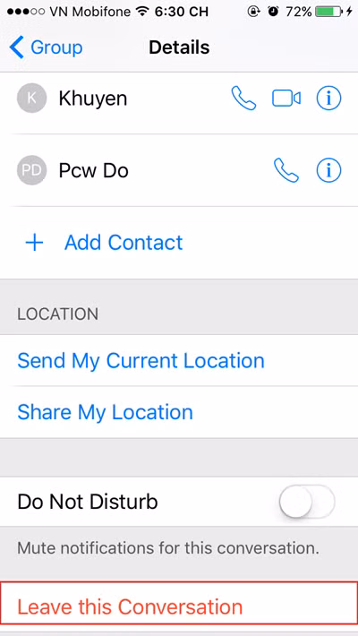  Rời khỏi trò chuyện nhóm Nhắn tin theo nhóm cho nhiều người dùng iMessage cùng trao đổi chuyện trò rất tiện, nhưng nếu bạn thấy phiền toái và muốn rời nhóm thì nhấn vào nút Details ở góc trên bên phải của cuộc trò chuyện nhóm, rồi chọn Leave Conversation.