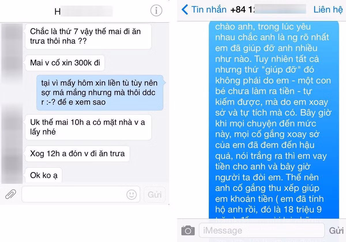 M.C công bố nhiều đoạn tin nhắn xin xỏ của H.K.A. Anh chàng này thường giục giã người yêu xin tiền từ gia đình. Thậm chí có lần H.K.A còn bắt người yêu xoay đủ tiền vé máy bay cho cậu vào Sài Gòn đi biểu diễn.