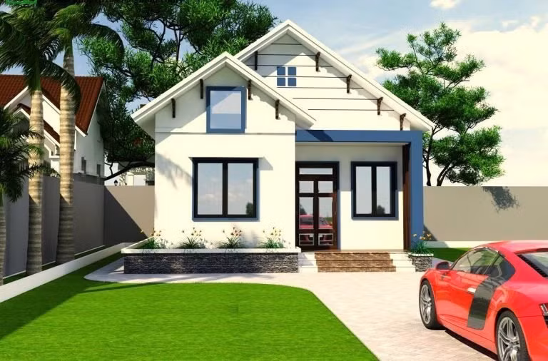 Mẫu nhà có diện tích nhỏ, nhìn đơn giản nhưng vẫn tinh tế nhờ khóm hoa, thảm cỏ và hàng cau. Ngôi nhà trở nên xinh xắn và thơ mộng hơn nhiều.