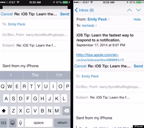 Trả lời email nhanh hơn. Apple đã cập nhật thêm ứng dụng cho email trong iOS 8. Ngoài tính năng mới "swipe to delete" (vuốt để xóa), tính năng soạn thảo và trả lời email trong hệ điều hành mới cũng được đánh giá dễ dàng hơn.